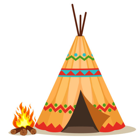Indian wigwam with a bonfire close-up on a white background.