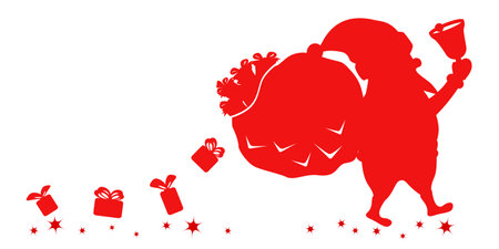 Silhouette of Santa Claus with a bag, gifts and a bell. Merry christmas and new yearのイラスト素材