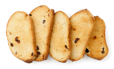 Dried bread with raisins close-up on a white background, isolated. top viewの写真素材