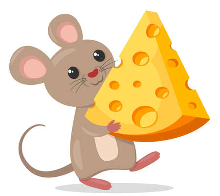 Mouse holding a piece of cheese on white background. characterのイラスト素材