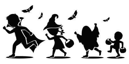 Children in Halloween costumes run on a white background. Silhouetteのイラスト素材