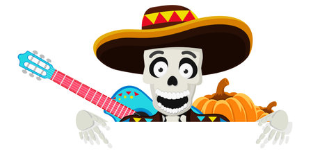 A skeleton in a hat with a guitar points to a place for text on a white background. dead dayのイラスト素材