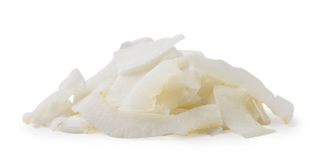 Heap of coconut chips close-up on a white background. isolatedの写真素材