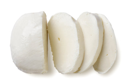 Mozzarella cheese closeup on a white background. Top viewの写真素材