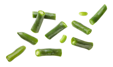 A set of green beans flying close-up on a white background. Isolatedの写真素材