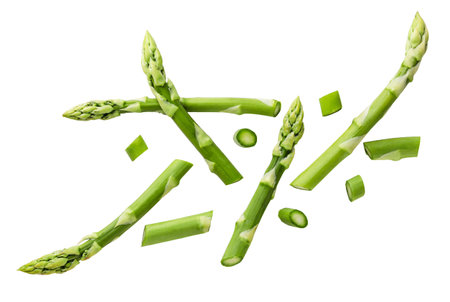 Set of asparagus flying close-up on a white background. Isolatedの写真素材