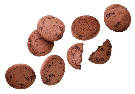 Chocolate chip cookies flying close-up on white background. Isolatedの写真素材