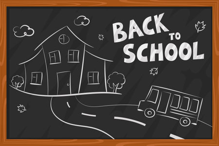 Back to school, drawing on the board. Bus goes to schoolのイラスト素材