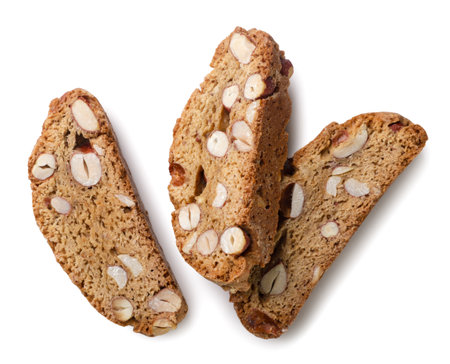 Cantuccini cookies, almond biscotti close-up on white background. Top viewの写真素材