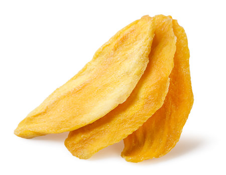Three pieces of dried mango close-up on a white background. Isolatedの写真素材
