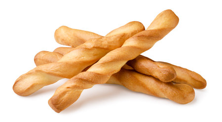 Pile of grissini sticks close-up on a white background. Isolated
