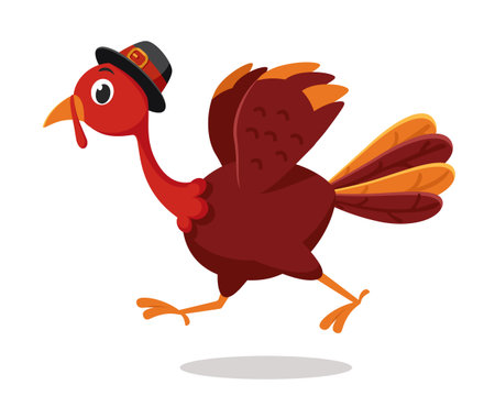 Turkey bird in hat running close up on a white background. Thanksgiving dayのイラスト素材