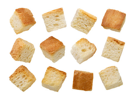 A set of bread croutons close-up on a white background. Isolatedの写真素材