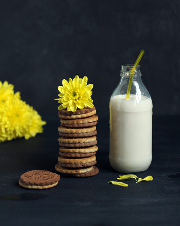 Sweet cookie, bottle of milk and yellow flowers for breakfastの写真素材