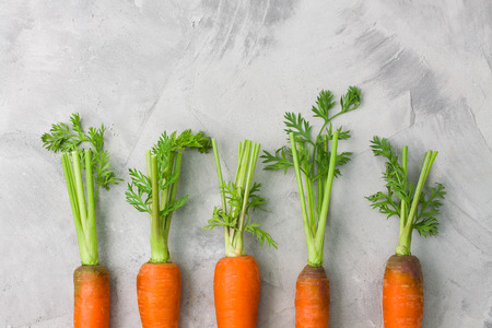 Five carrots with cuttings and leaves on grey concrete background. Horizontal orientation, flat lay, top view, place for copy space.の写真素材