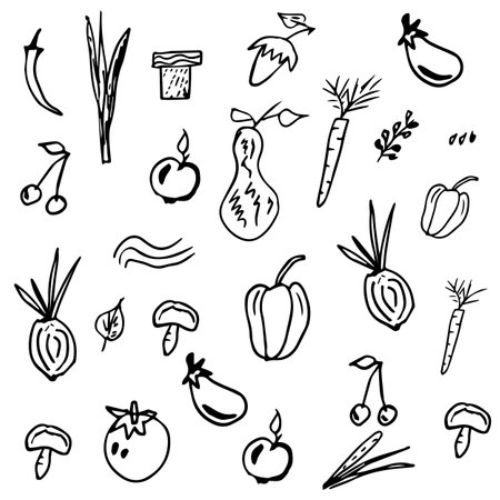 hand drawn black and white vegetables setのイラスト素材