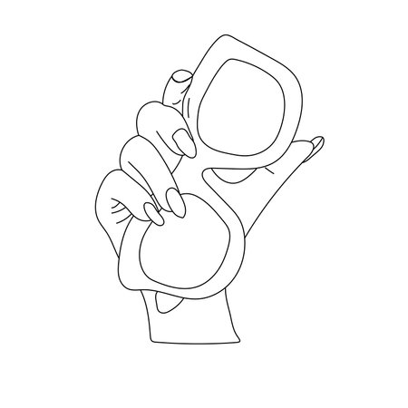 A simple outline drawing of the hands holding glasses. Vector black and white sketch of giving hands isolated on transparent backgroundのイラスト素材