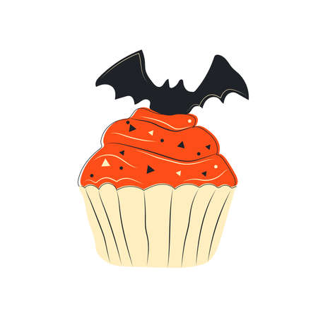 Cupcake in the style of Halloween with a bat. vector illustrationのイラスト素材