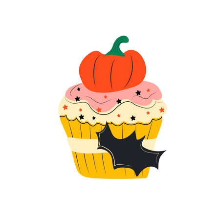 Cupcake in the style of Halloween with a pumpkin and a bat. vector illustration