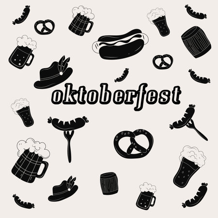 Oktoberfest food and symbols collection. Vector Oktoberfest objects and icons with lettering Oktoberfest. Beer, hat, meat, , hot dog, sausages, etc. All elements are isolated. Vecのイラスト素材