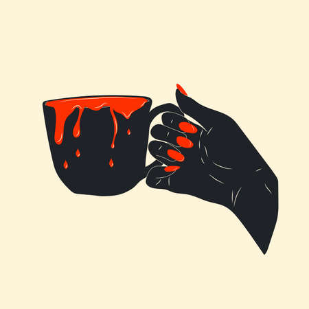 Illustration of a hand holding a cup with blood pouring out of it. Image for Halloween, horror movieのイラスト素材