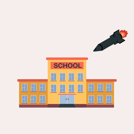 Illustration of a school in which a rocket, bomb flies. hand drawn. Vectorのイラスト素材