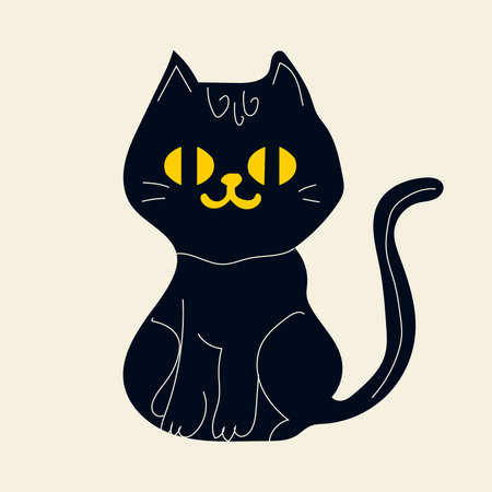 Black magic cat, a symbol of Halloween and mysticism. Hand drawn vector illustration isolated on white background. Modern flat cartoon style.のイラスト素材