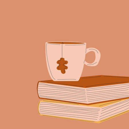 autumn set. Vector illustrations books, cup. Autumn evening atmosphere for reading books. Modern flat cartoon style.のイラスト素材