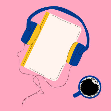 Illustration of a book with headphones and coffee. Hand drawn vector set. Colorful isolated illustrationsのイラスト素材