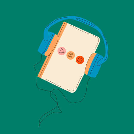 Audiobook book books reading hearing headphone background read. Hand drawn vector illustration isolatedのイラスト素材