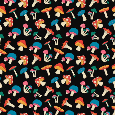 Wild mushrooms seamless colorful hand drawn pattern background.のイラスト素材