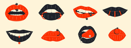 Lips piercing vector set in cartoon style. All elements are isolatedのイラスト素材