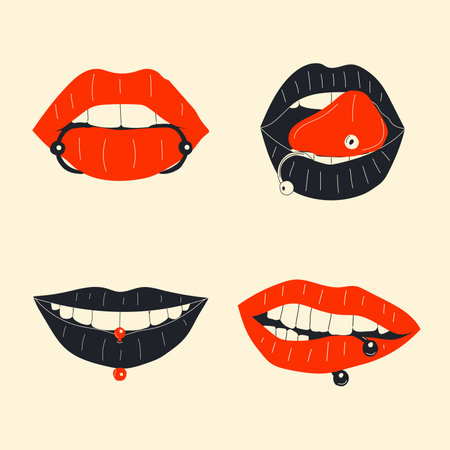 Lips piercing vector set in cartoon style. All elements are isolatedのイラスト素材