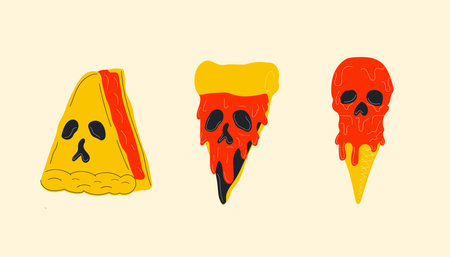 Food with the face of a chaperone for the day of Halloween. Pizza, ice cream, cake.ector in cartoon style. All elements are isolatedのイラスト素材