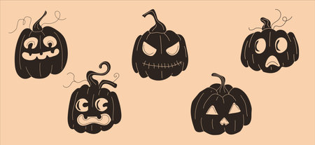 Set of halloween pumpkins, funny faces.Vector set in cartoon style. All elements are isolatedのイラスト素材