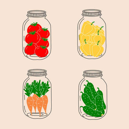 Canned food. Set of jars with vegetables. vector in cartoon style. All elements are isolatedのイラスト素材