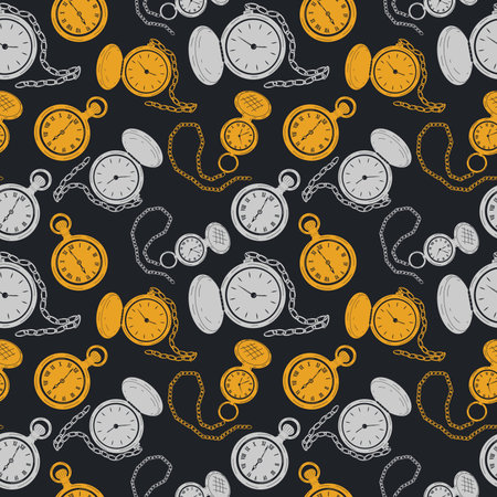 Seamless pattern with set of pocket watches in silver and gold. vector in cartoon style.のイラスト素材