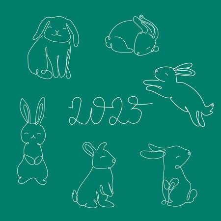 Set of Rabbits in one line with an inscription 2023. Black line vector illustration on green backgroundのイラスト素材