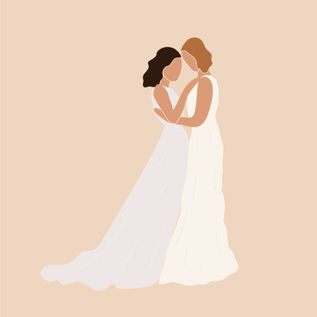 Lesbian couple marriage. homosexual marriage. Brides in dress LGBT newlyweds. Flat vector illustration isolated on white backgroundのイラスト素材