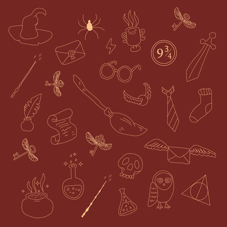 Hand drawn doodle magic. vector background. Color red and goldのイラスト素材