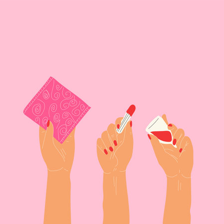 Hands holding tampon, menstrual cup and gasket, napkin.  All elements are isolatedのイラスト素材
