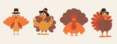 Happy Thanksgiving Day. Cartoon Turkey in a pilgrim hat. set. .Vector in cartoon style. All elements are isolatedのイラスト素材