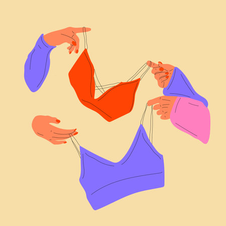 Hands hold underwear, a bra. Vector in cartoon style.のイラスト素材