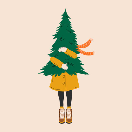 Girl with christmas tree on white background isolated. vector illustrationのイラスト素材