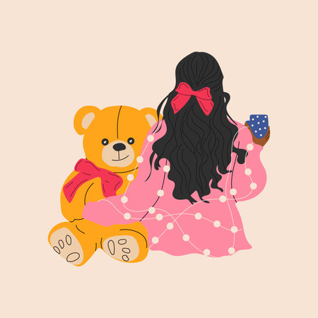 The girl sits with a teddy bear wrapped in a garland. vector in cartoon style. All elements are isolatedのイラスト素材