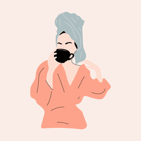 Beautiful woman in bathrobe and turban drinks coffee. Lady having beauty day on weekend. Spa, relaxation concept. Hand drawn vector illustration. cartoon styleのイラスト素材