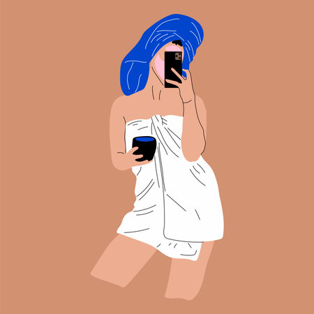 Skin care routine. Beautiful young taking a selfie lady with towel turban. face care concept. Cleansing, moisturizing, treating. hand drawn vector illustration. cartoon style. Flatのイラスト素材