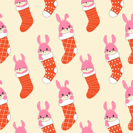 Seamless pattern with Draw character cute rabbits sleep in Christmas sock for Christmas day and new year.Draw doodle cartoon style.のイラスト素材