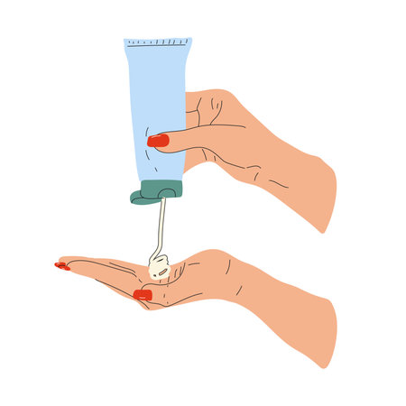 Female hands with jar of cream. Woman applying treatment lotion. hand drawn vector illustrationのイラスト素材