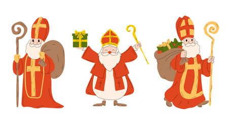 Saint Nicholas christmas characters vector set. Saint Nicholas christmas characters with standing pose and happy expression holding gifts . xmas design collection. vector illustrationのイラスト素材